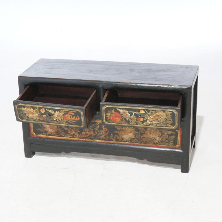 Chinese Polychrome Hand Painted Low Chest with Garden Birds & Fruit 20th C