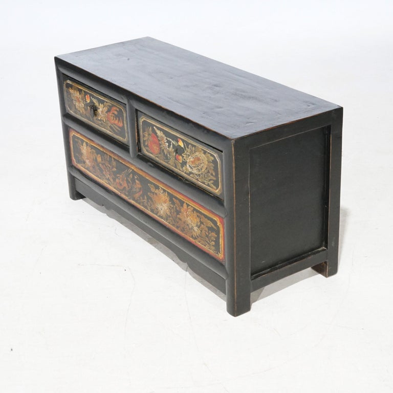 Chinese Polychrome Hand Painted Low Chest with Garden Birds & Fruit 20th C