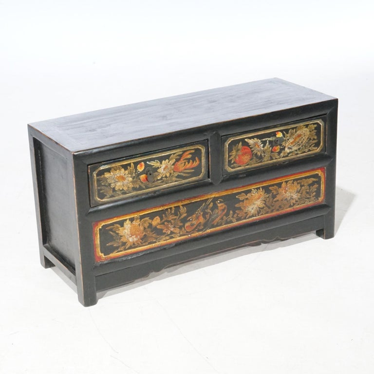 Chinese Polychrome Hand Painted Low Chest with Garden Birds & Fruit 20th C