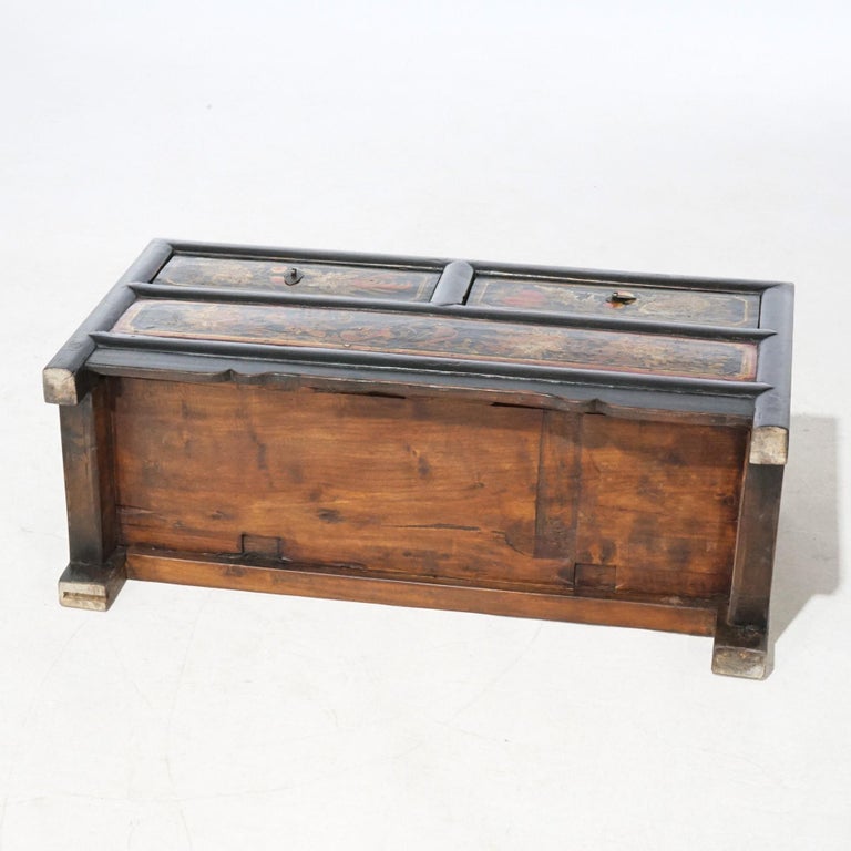 Chinese Polychrome Hand Painted Low Chest with Garden Birds & Fruit 20th C