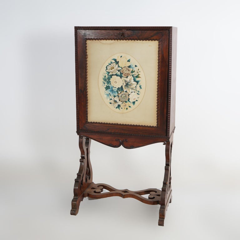 Victorian Rosewood Drop Front Desk with Inset Floral Print & Scroll Legs c1870