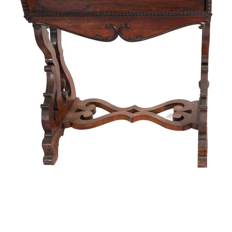 Victorian Rosewood Drop Front Desk with Inset Floral Print & Scroll Legs c1870