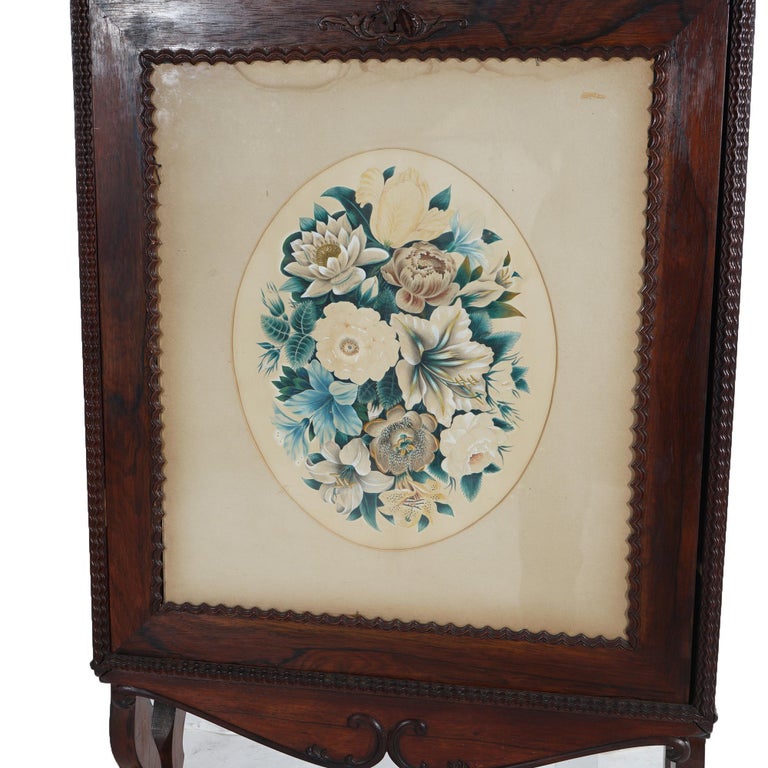 Victorian Rosewood Drop Front Desk with Inset Floral Print & Scroll Legs c1870
