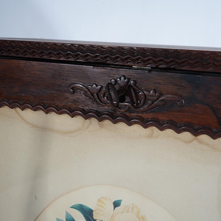 Victorian Rosewood Drop Front Desk with Inset Floral Print & Scroll Legs c1870