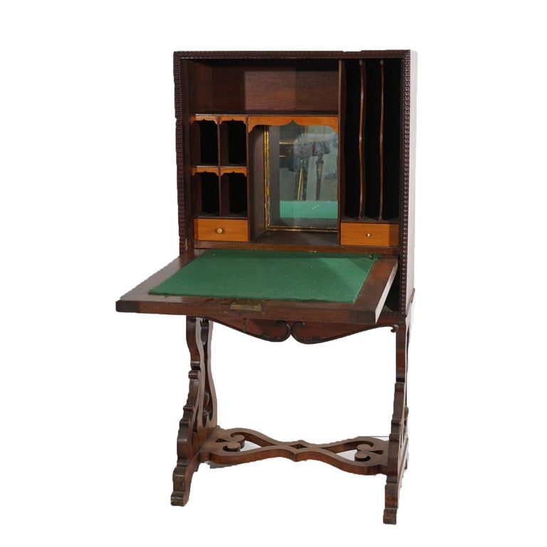 Victorian Rosewood Drop Front Desk with Inset Floral Print & Scroll Legs c1870