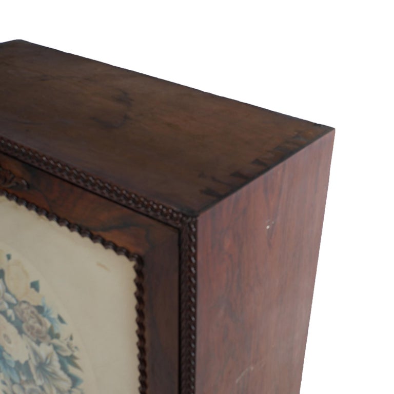 Victorian Rosewood Drop Front Desk with Inset Floral Print & Scroll Legs c1870
