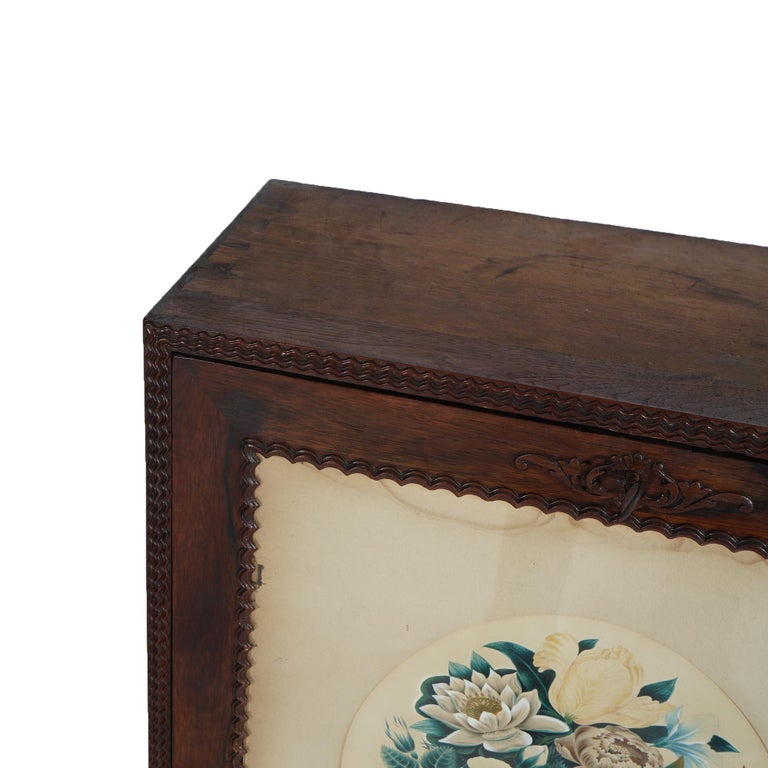 Victorian Rosewood Drop Front Desk with Inset Floral Print & Scroll Legs c1870