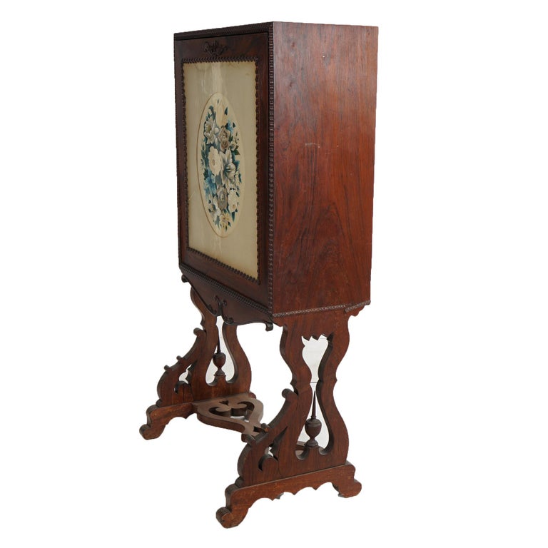 Victorian Rosewood Drop Front Desk with Inset Floral Print & Scroll Legs c1870