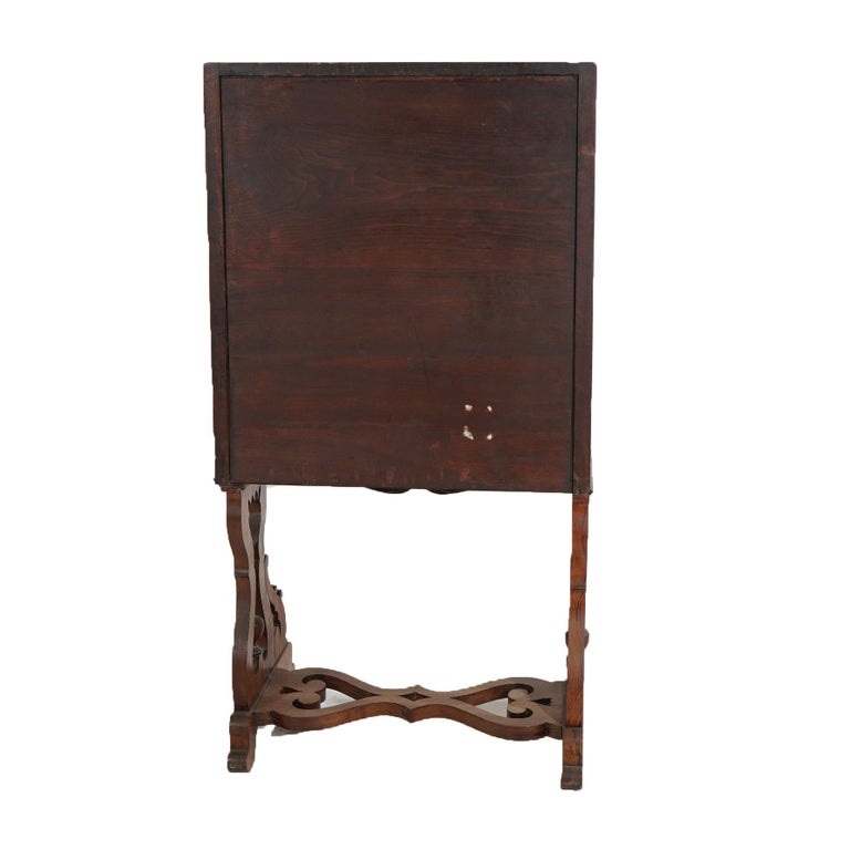 Victorian Rosewood Drop Front Desk with Inset Floral Print & Scroll Legs c1870
