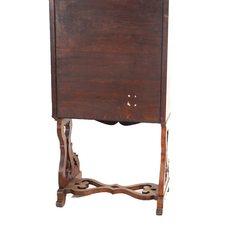 Victorian Rosewood Drop Front Desk with Inset Floral Print & Scroll Legs c1870