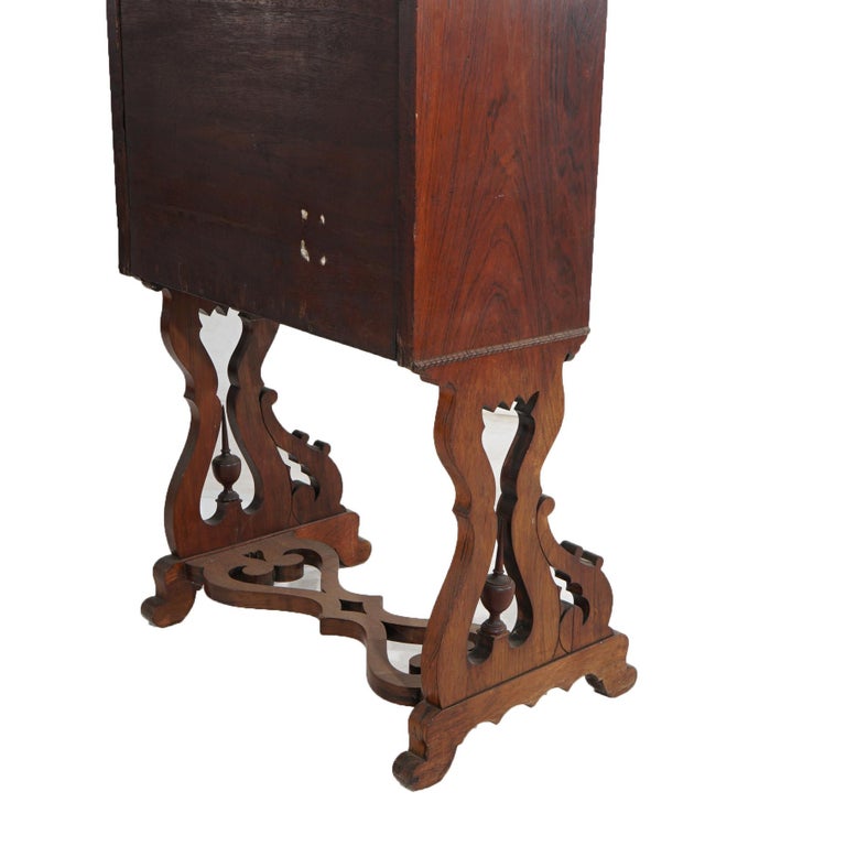 Victorian Rosewood Drop Front Desk with Inset Floral Print & Scroll Legs c1870
