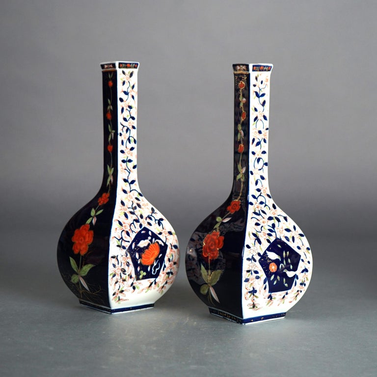 Pair of Antique Dresden Floral Decorated Porcelain Bottle Vases with Birds C1890