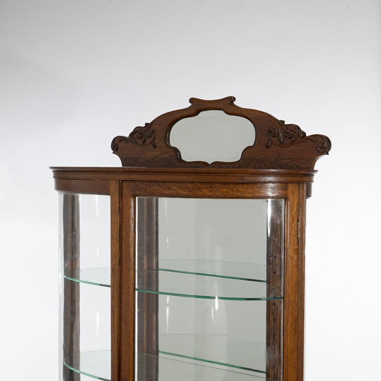 Antique RJ Horner School Carved Oak & Curved Glass Mirrored China Cabinet C1910