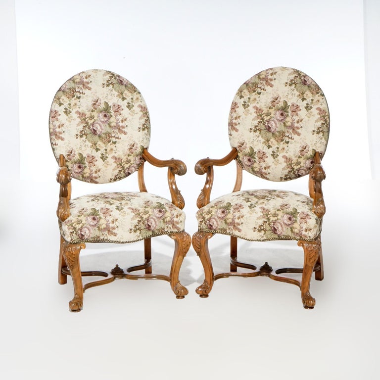 Antique Pair Italian Walnut Carved Arm Chairs, circa 1920