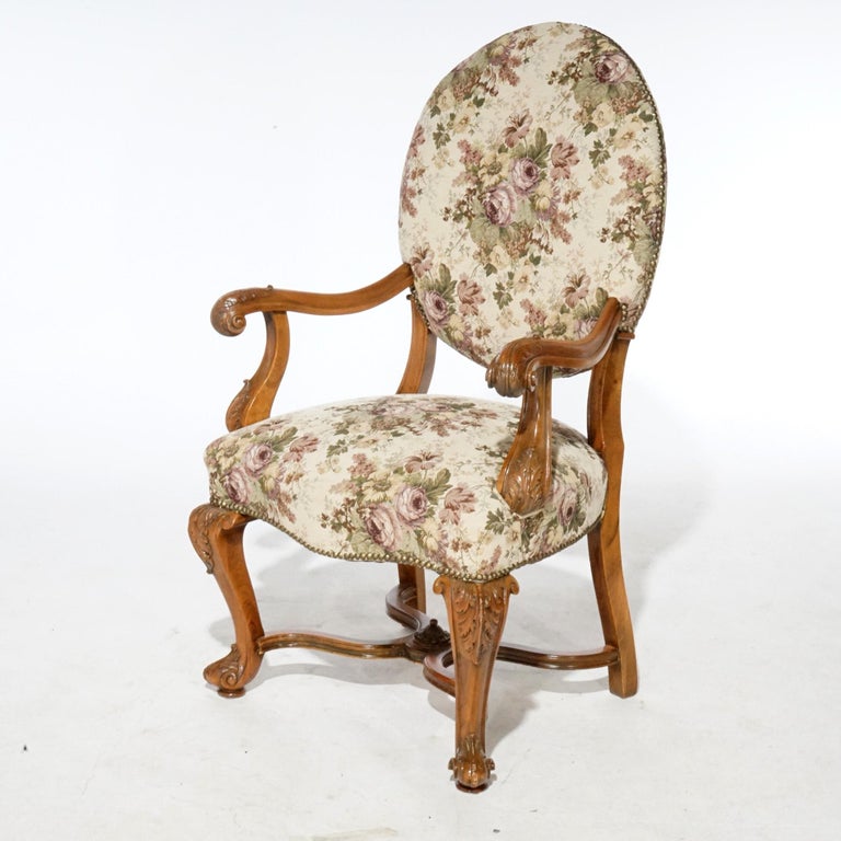 Antique Pair Italian Walnut Carved Arm Chairs, circa 1920