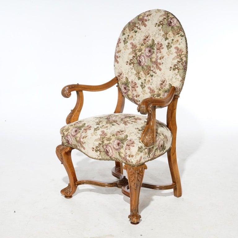 Antique Pair Italian Walnut Carved Arm Chairs, circa 1920