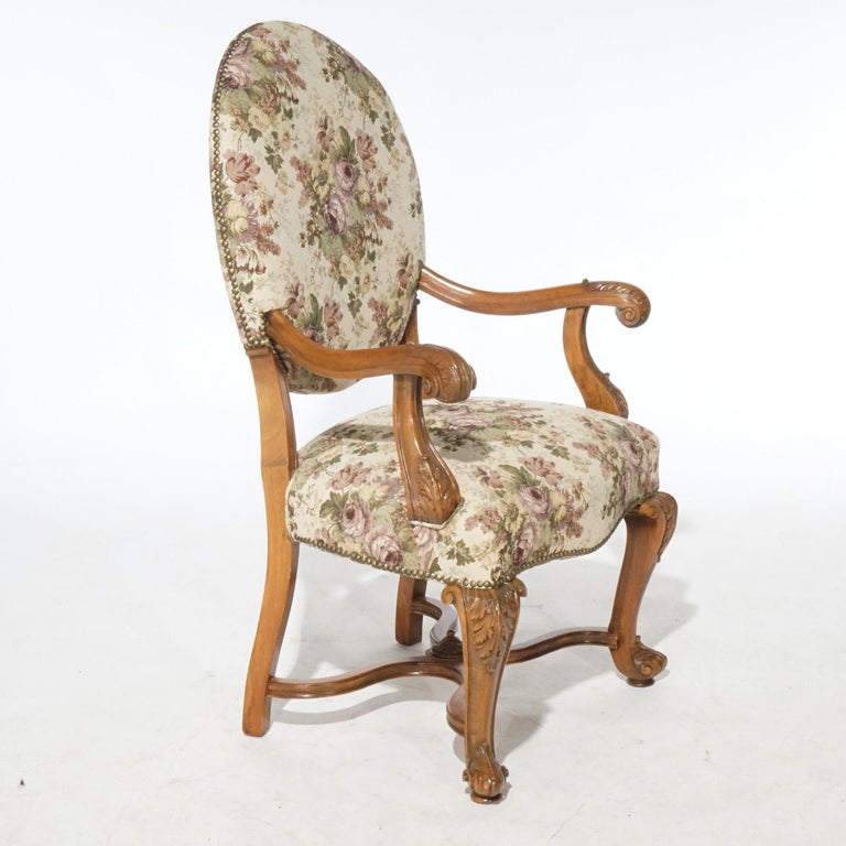 Antique Pair Italian Walnut Carved Arm Chairs, circa 1920