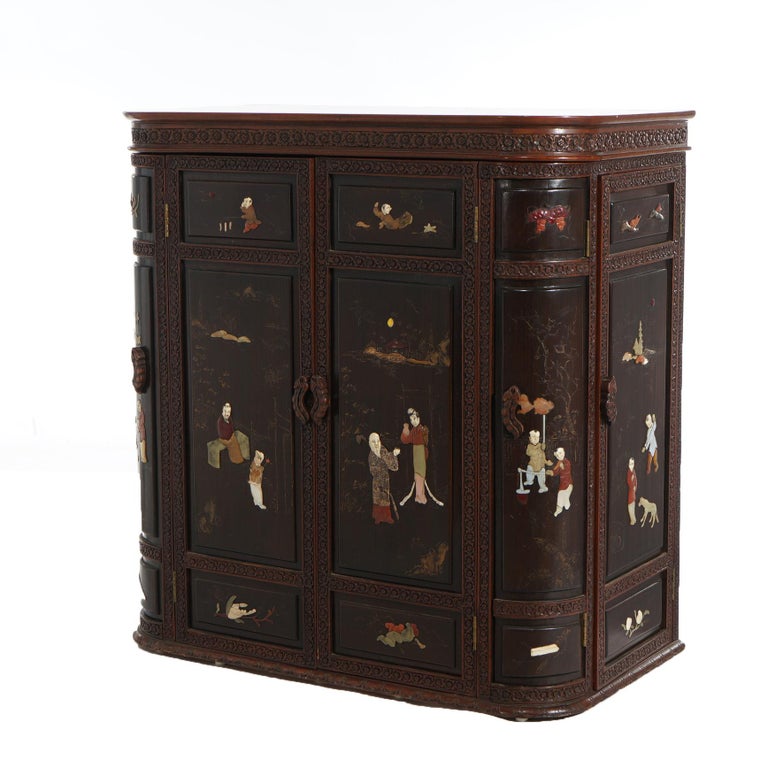 Vintage Japanese Chinoiserie Ebonized Mahogany and Inlaid Bar with Figures C1930