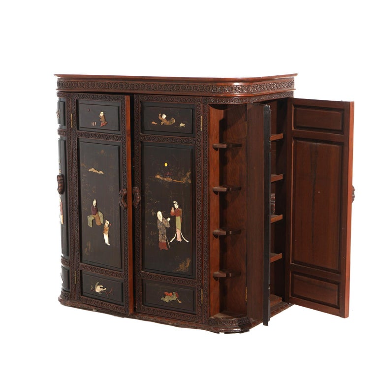 Vintage Japanese Chinoiserie Ebonized Mahogany and Inlaid Bar with Figures C1930