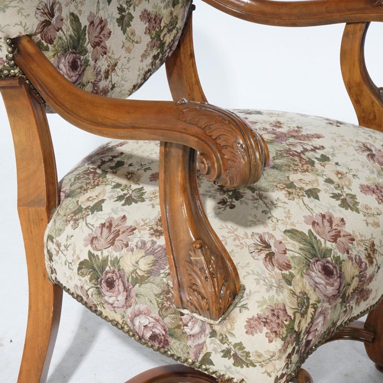 Antique Pair Italian Walnut Carved Arm Chairs, circa 1920