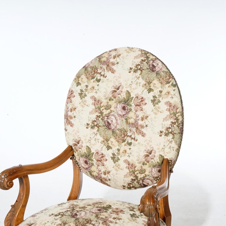 Antique Pair Italian Walnut Carved Arm Chairs, circa 1920
