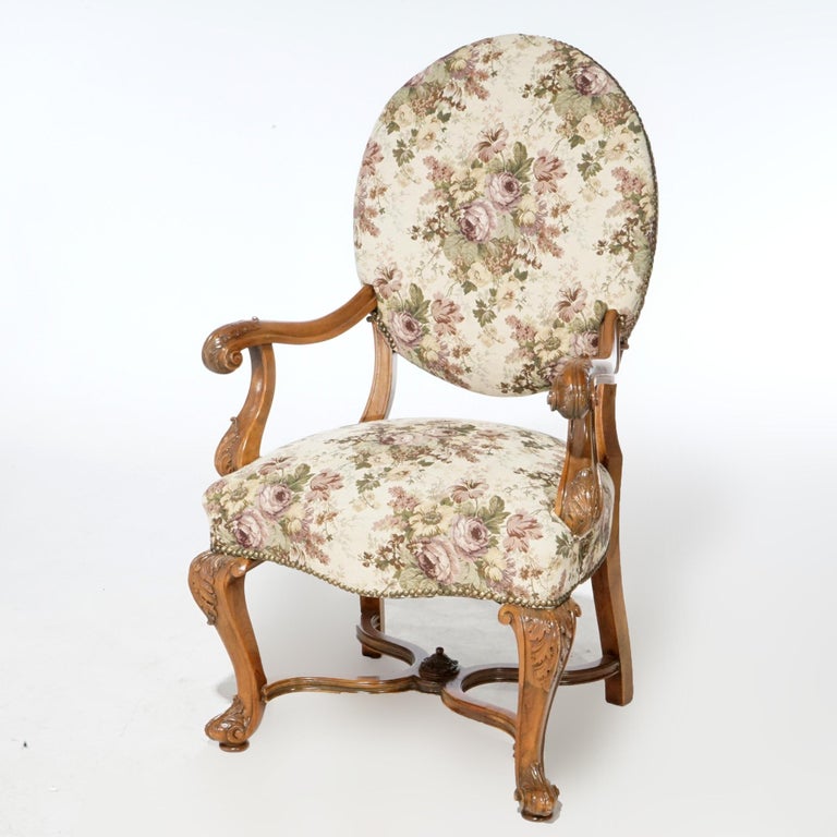 Antique Pair Italian Walnut Carved Arm Chairs, circa 1920