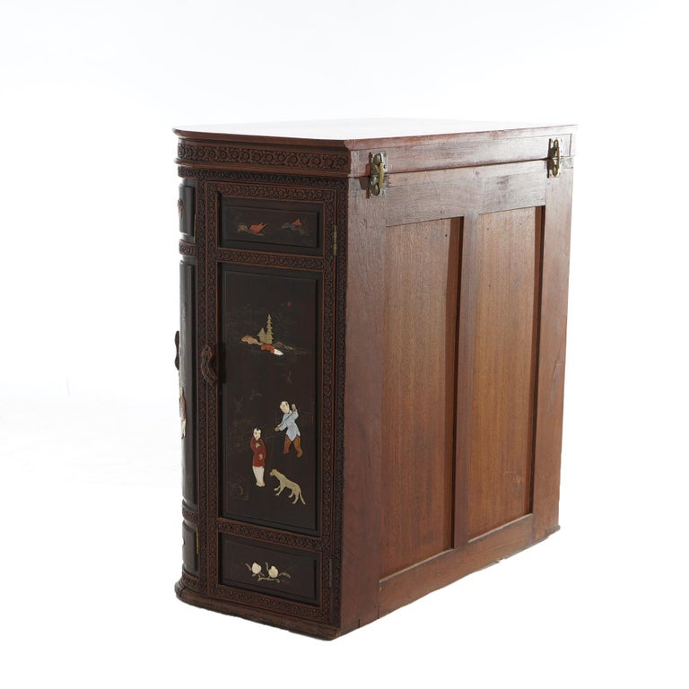 Vintage Japanese Chinoiserie Ebonized Mahogany and Inlaid Bar with Figures C1930