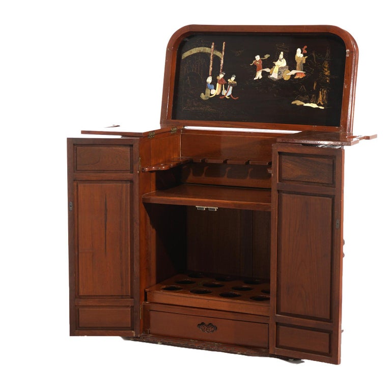 Vintage Japanese Chinoiserie Ebonized Mahogany and Inlaid Bar with Figures C1930