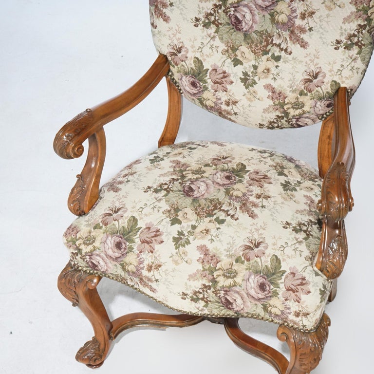 Antique Pair Italian Walnut Carved Arm Chairs, circa 1920