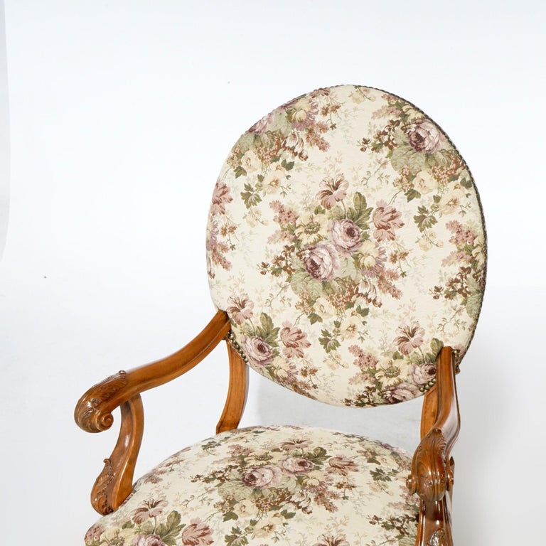Antique Pair Italian Walnut Carved Arm Chairs, circa 1920