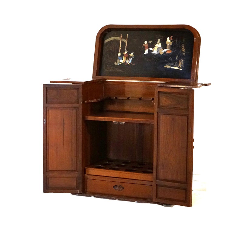Vintage Japanese Chinoiserie Ebonized Mahogany and Inlaid Bar with Figures C1930