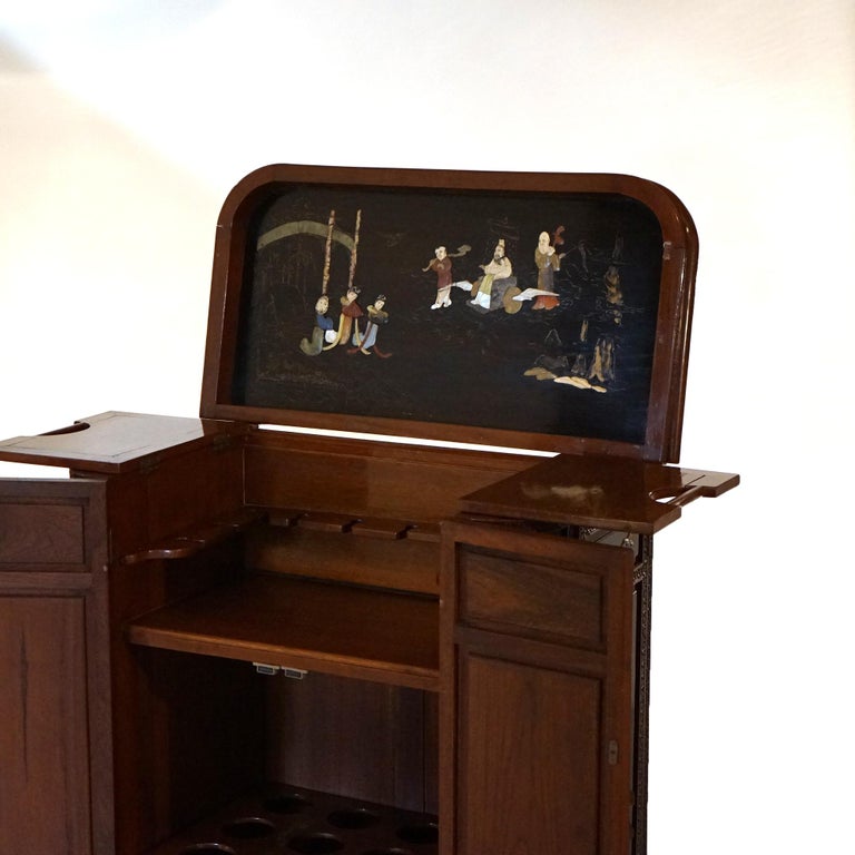 Vintage Japanese Chinoiserie Ebonized Mahogany and Inlaid Bar with Figures C1930