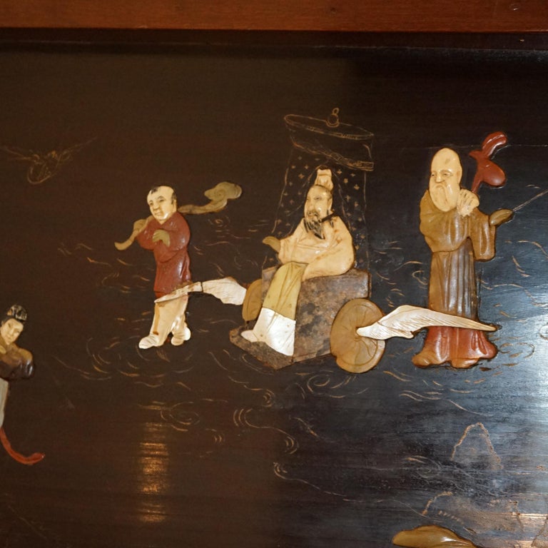 Vintage Japanese Chinoiserie Ebonized Mahogany and Inlaid Bar with Figures C1930