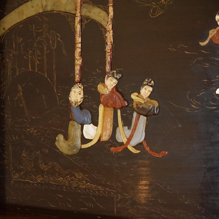 Vintage Japanese Chinoiserie Ebonized Mahogany and Inlaid Bar with Figures C1930