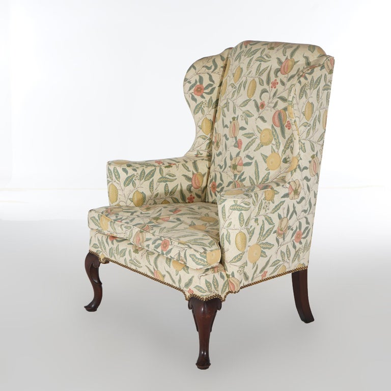 English Queen Anne Style Upholstered & Mahogany Fireside Wingback Chair 20th C