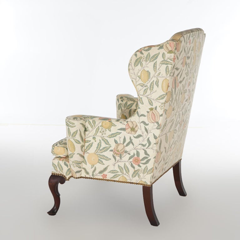English Queen Anne Style Upholstered & Mahogany Fireside Wingback Chair 20th C