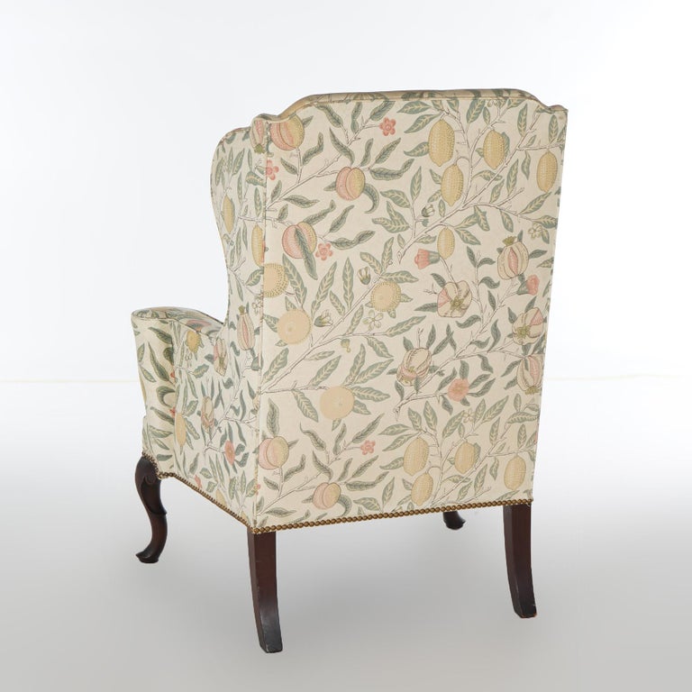 English Queen Anne Style Upholstered & Mahogany Fireside Wingback Chair 20th C
