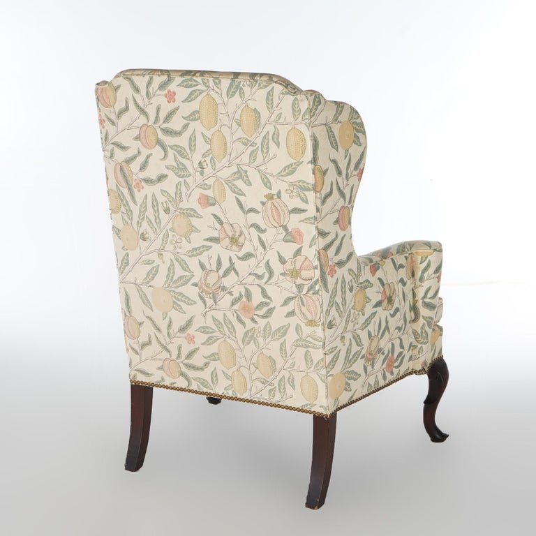 English Queen Anne Style Upholstered & Mahogany Fireside Wingback Chair 20th C