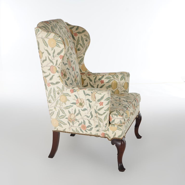 English Queen Anne Style Upholstered & Mahogany Fireside Wingback Chair 20th C