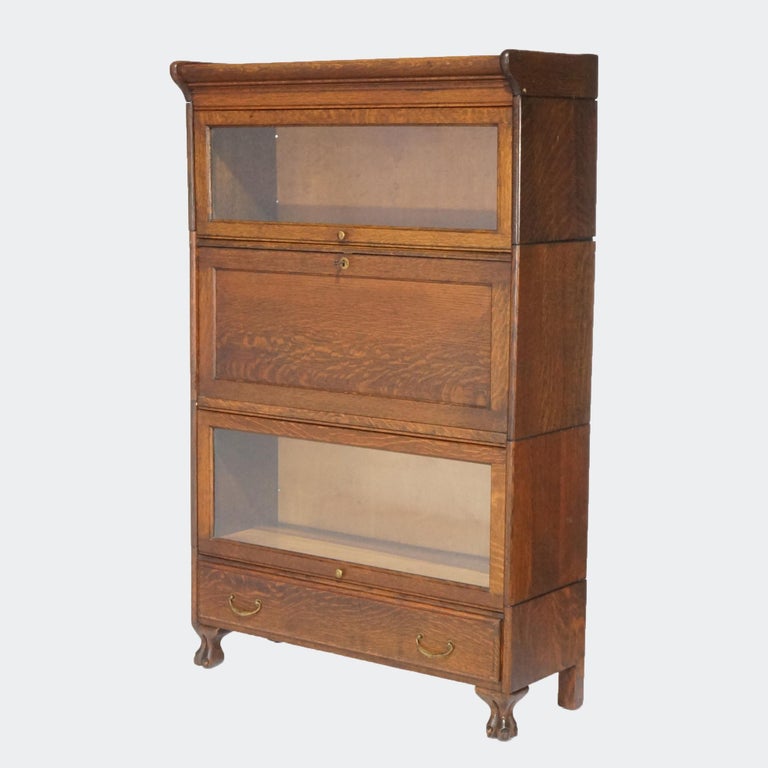 Antique Arts & Crafts Three Stack Oak Barrister Bookcase; Desk & Paw Feet; c1910