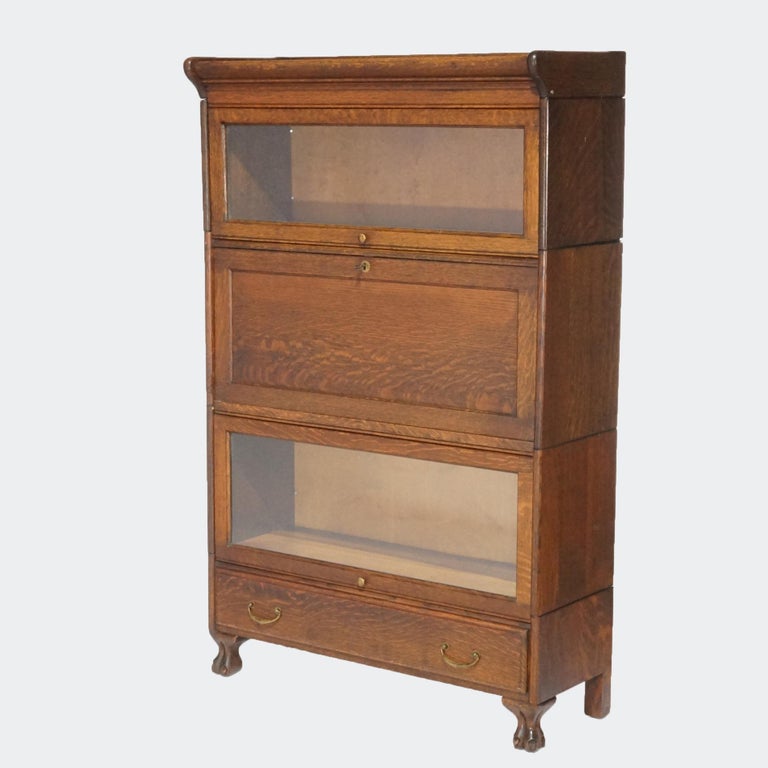 Antique Arts & Crafts Three Stack Oak Barrister Bookcase; Desk & Paw Feet; c1910