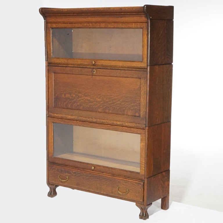 Antique Arts & Crafts Three Stack Oak Barrister Bookcase; Desk & Paw Feet; c1910