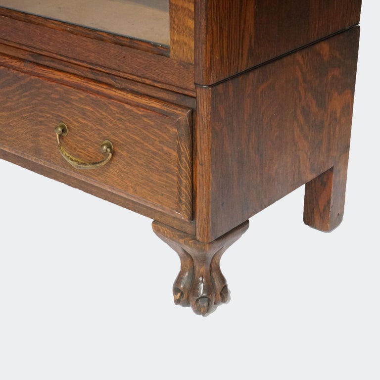 Antique Arts & Crafts Three Stack Oak Barrister Bookcase; Desk & Paw Feet; c1910