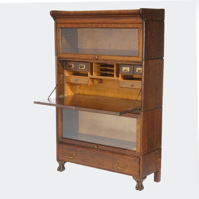 Antique Arts & Crafts Three Stack Oak Barrister Bookcase; Desk & Paw Feet; c1910