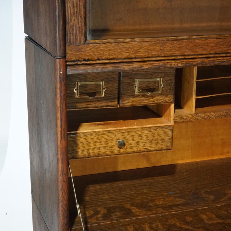 Antique Arts & Crafts Three Stack Oak Barrister Bookcase; Desk & Paw Feet; c1910