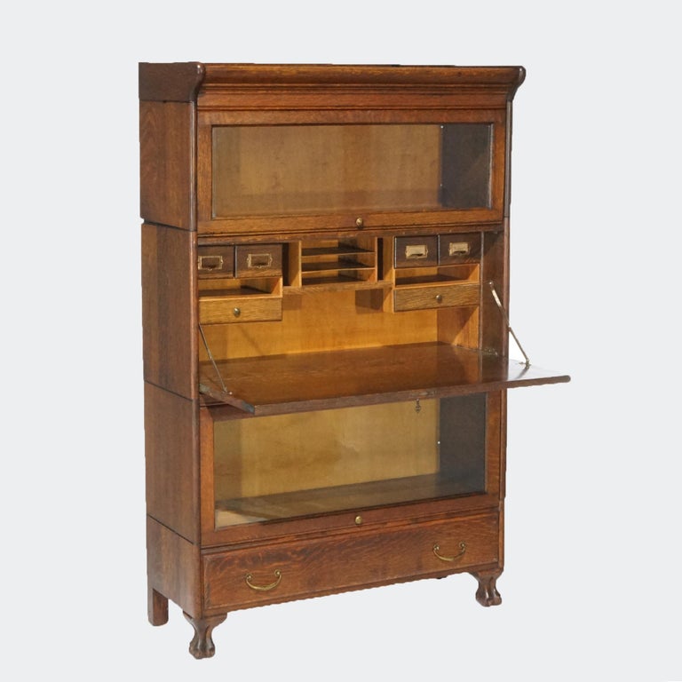 Antique Arts & Crafts Three Stack Oak Barrister Bookcase; Desk & Paw Feet; c1910