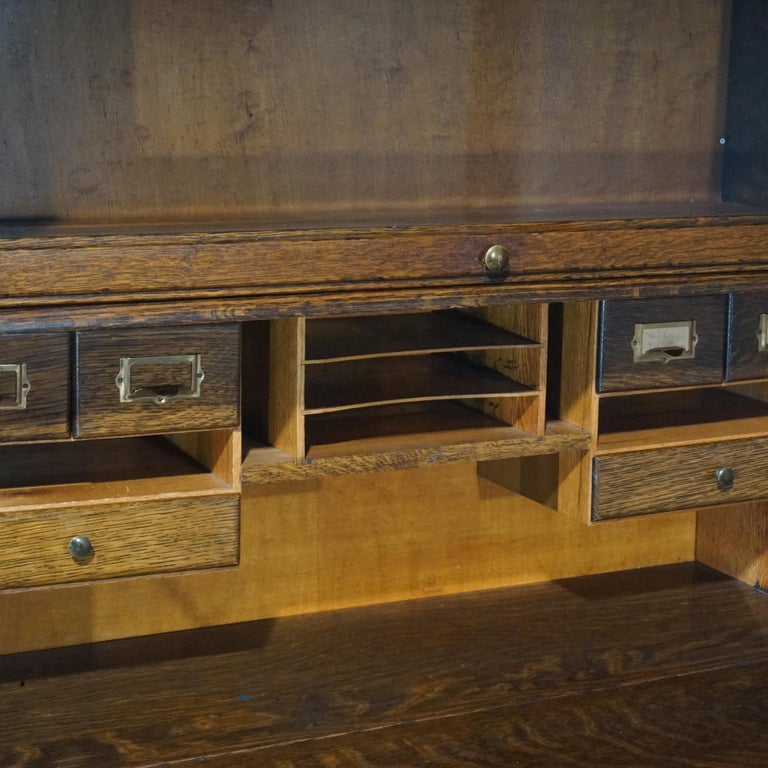 Antique Arts & Crafts Three Stack Oak Barrister Bookcase; Desk & Paw Feet; c1910
