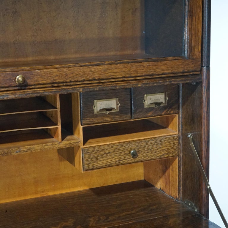 Antique Arts & Crafts Three Stack Oak Barrister Bookcase; Desk & Paw Feet; c1910