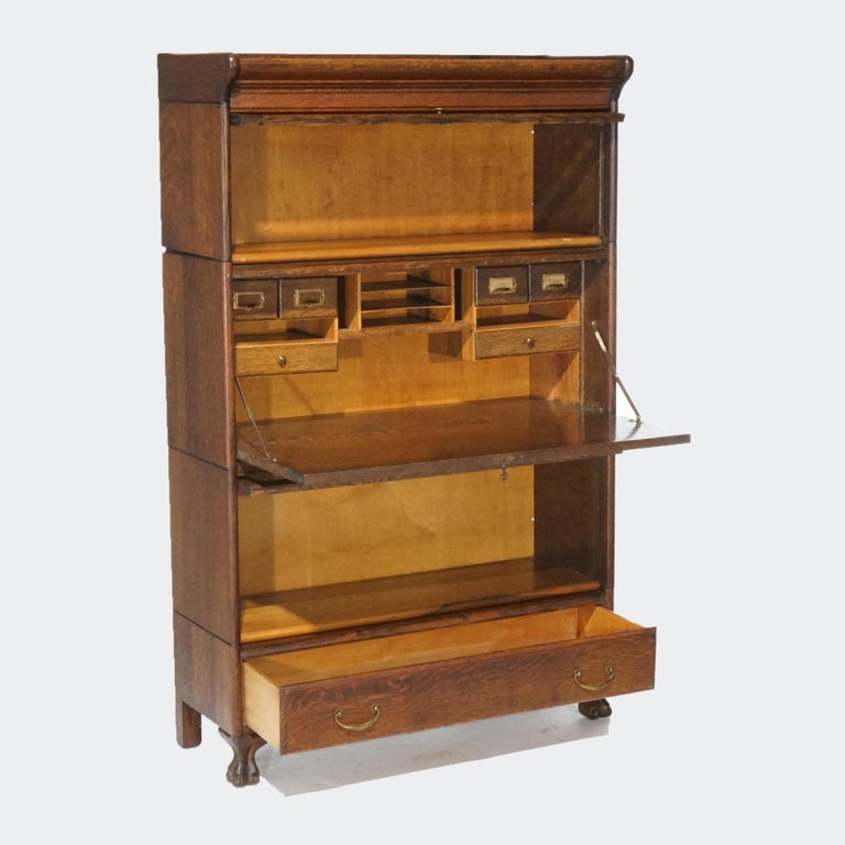 Antique Arts & Crafts Three Stack Oak Barrister Bookcase; Desk & Paw Feet; c1910