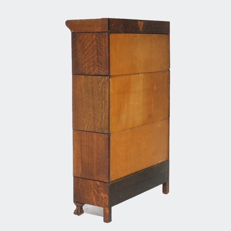 Antique Arts & Crafts Three Stack Oak Barrister Bookcase; Desk & Paw Feet; c1910
